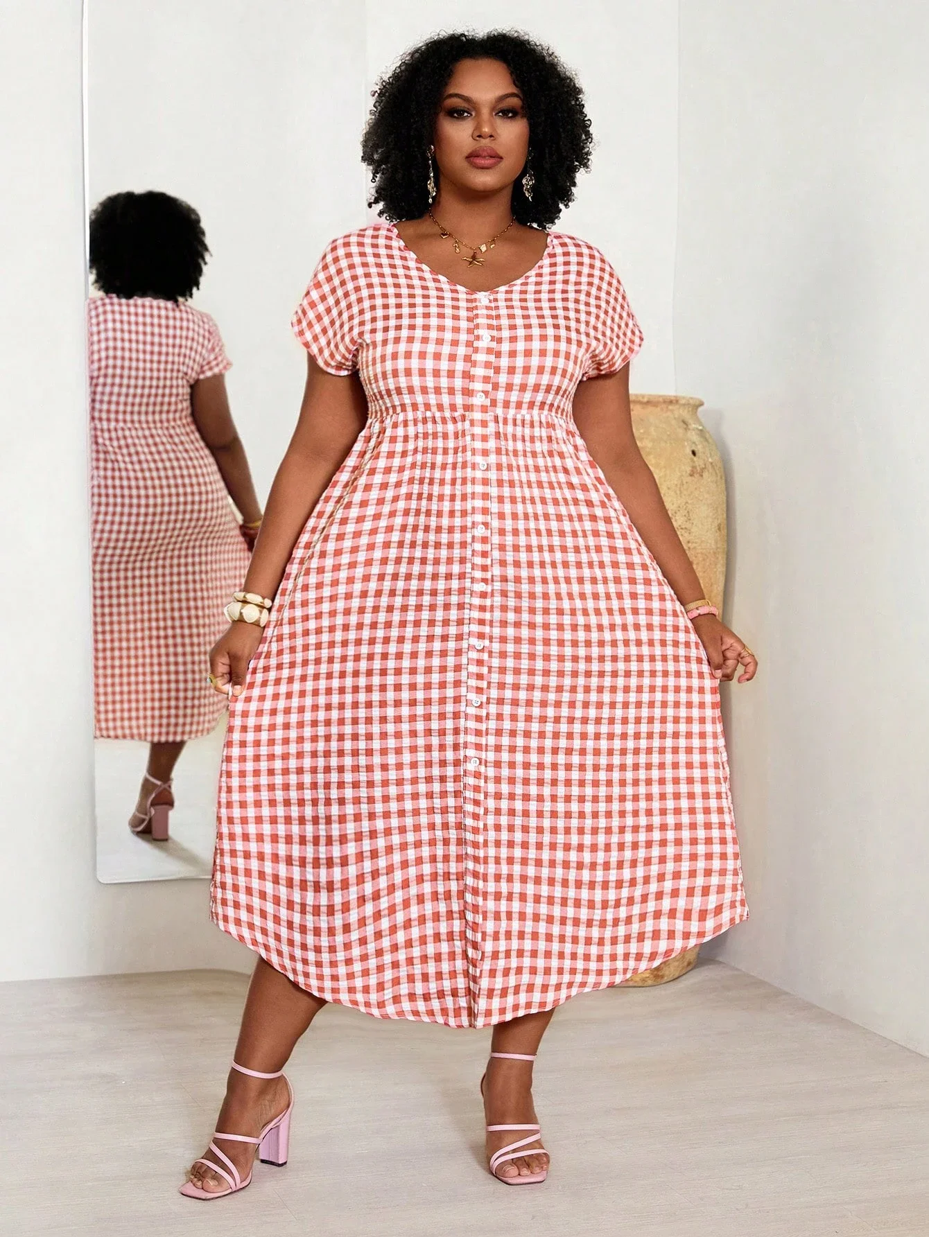 

Plus Size Women Boho V-Neck Short Sleeve Gingham Long Dress Summer Casual Vacation Wear