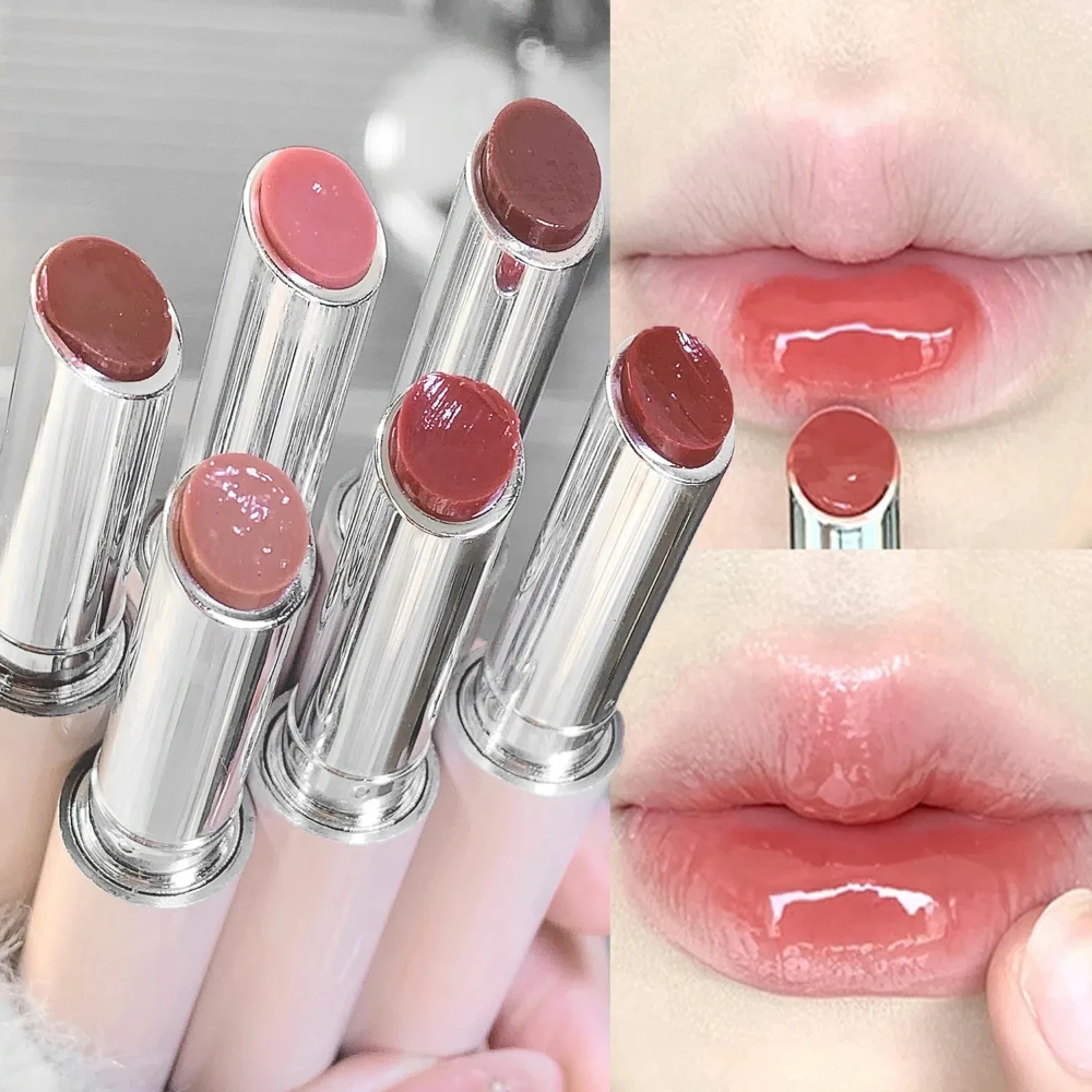 Brillo de labios sólido de gelatina, bonito espejo hidratante, lápiz labial rojo y marrón, tinte de labios hidratante transparente, maquillaje de labios desnudo natural, cosméticos