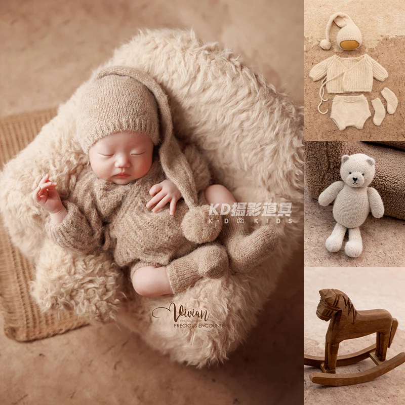 Newborn Photography Scenes Props Knitted Baby Costume Set Teddy Bear Doll Wooden Horse Props Kid Photo Accessories and Clothes
