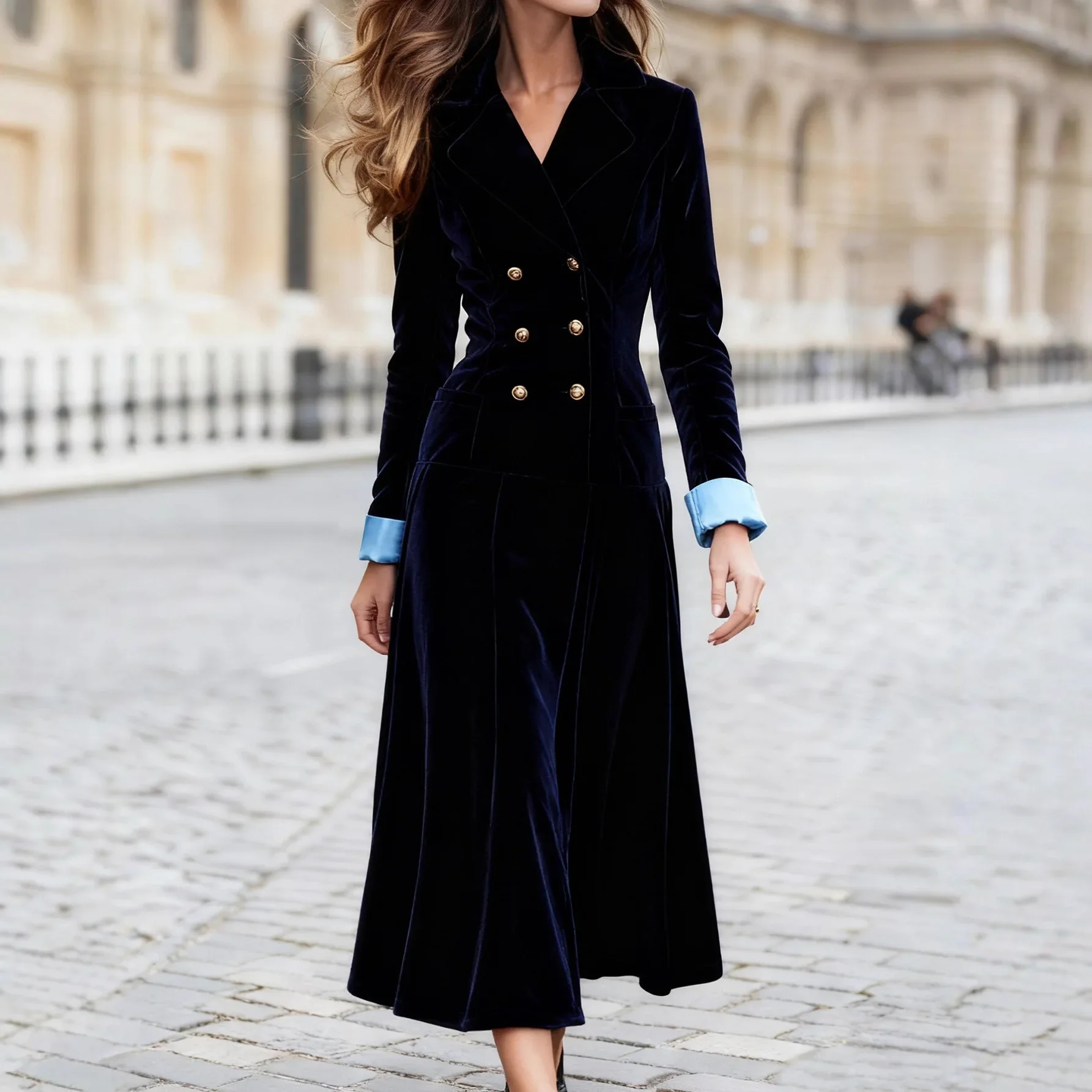 

Элегантное двубортное бархатное платье для женщин с длинным рукавом и зубчатым воротником, однотонное повседневное лоскутное осеннее платье с карманами