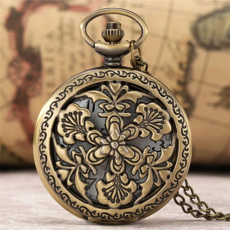 

Antique Hollow Out Flower Case Men Women Quartz Analog Pocket Watch Arabic Numeral Dial Timepiece with Necklace Sweater Chain