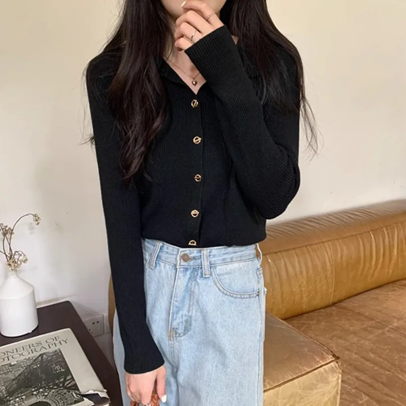 Women‘s Long Sleeve Knit Cardigan Collar Button Front Minimalist Design Fall Fashion Basic Layering Top New Arrival