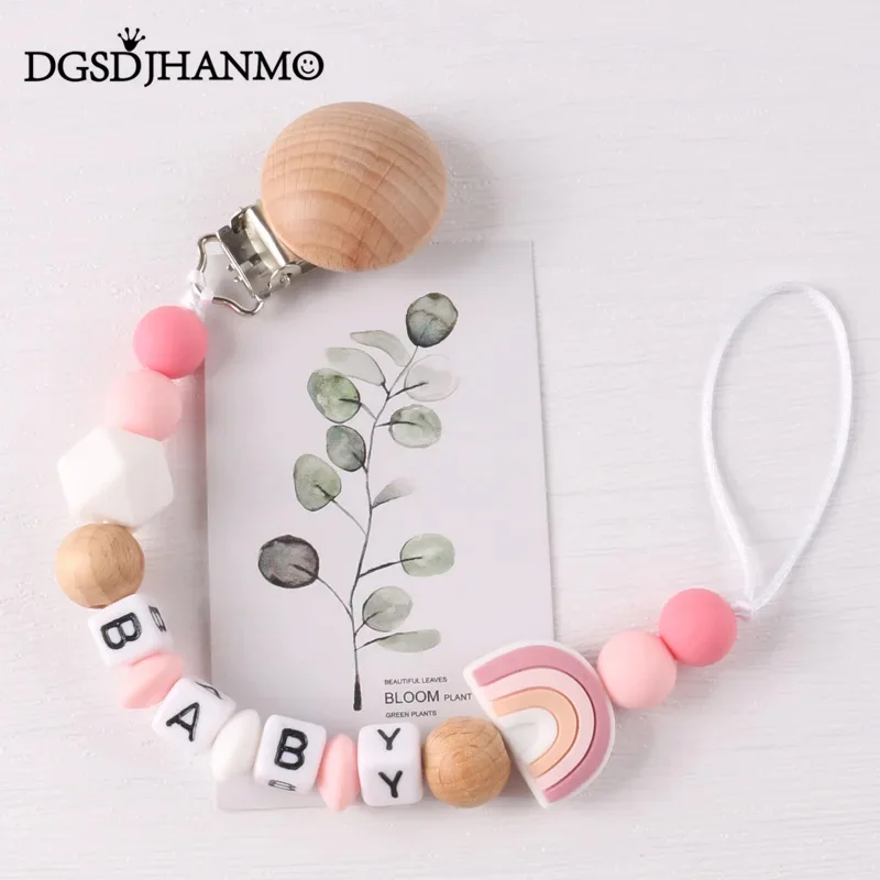 Custom Personalized Name Pacifier Holder Chain Handmade Beech Wooden Clip Cilicone Teether Baby Teething Toy Newborn Chew Gift