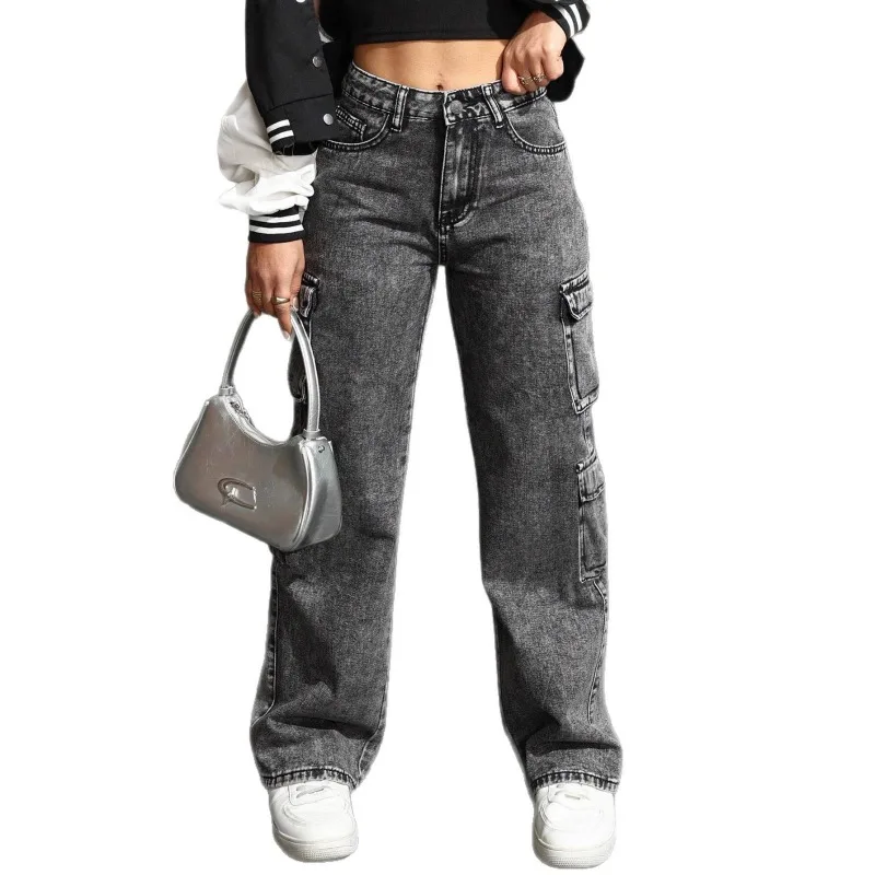 

2026 Fashion Cargo Pants Women Jeans Spring Autumn Washed Denim Straight Trousers Multiple Pockets Casual Pants Streetwear Jeans