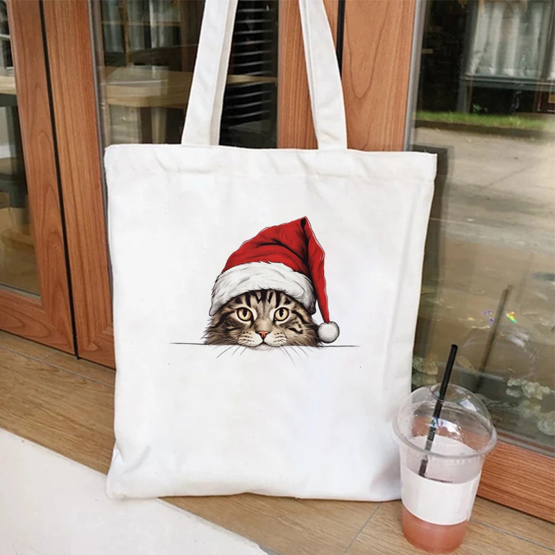 Canvas Women Handbags Christmas Cat Print Tote Bag Shopping Bags Reusable Shoulder Bag for Student Teen Christmas Gift Handbags