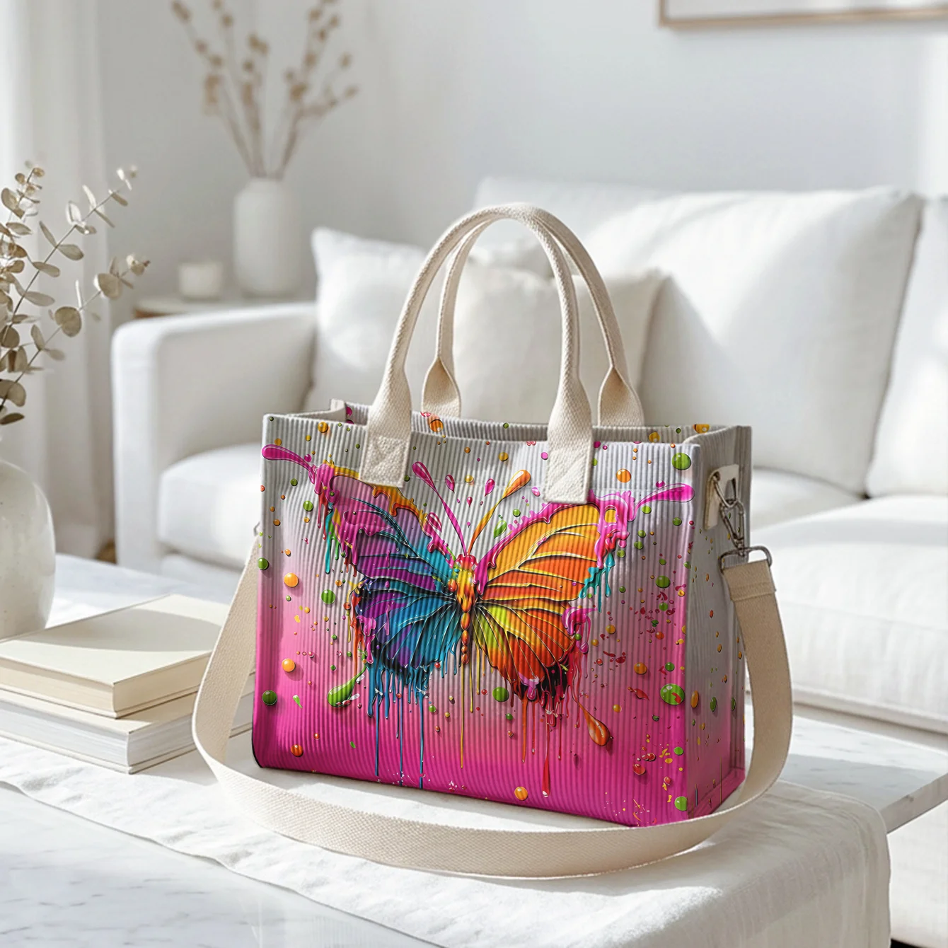 Colorful Graffiti Butterfly Print Corduroy Tote Bag Large Capacity Multi Pocket Detachable Crossbody Shoulder Bag