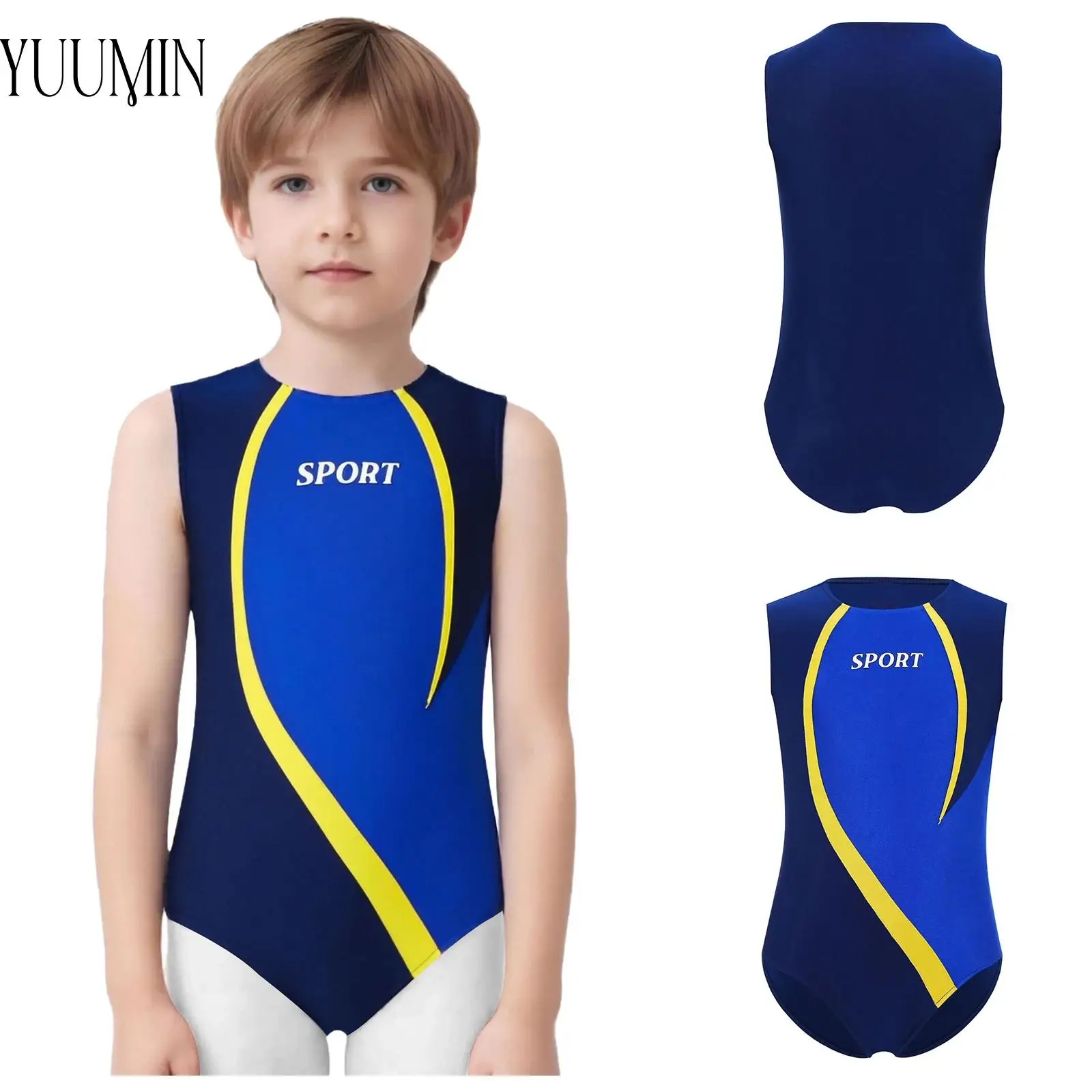 

One-piece Swimsuit for Kids Boy Rhythmic Gymnastics Leotard Ballet Dance Bodysuit Sleeveless Color Block Leotard for Sports Yoga