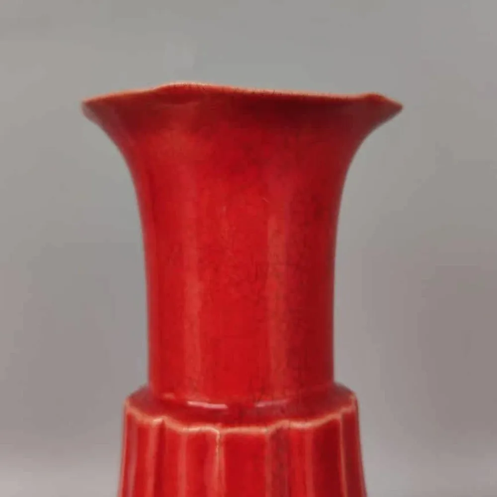 Old Chai Kiln Porcelain Red Glaze made Lobed Rim & Vertical Fluted Body vase