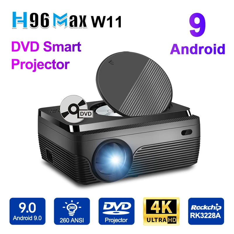 โปรเจคเตอร์ DVD แบบพกพา W11 1080P 260 Lumens 2024 โปรเจคเตอร์ภาพยนตร์ 4K พร้อม wifi และบลูทูธ