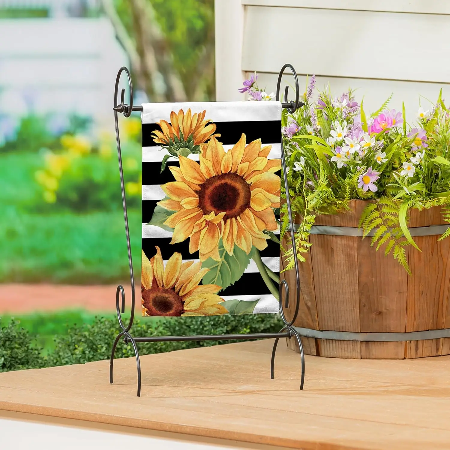 Evergreen Striped Sunflowers Burlap Garden Flag 12x18 Double Sided, Welcome Spring Garden Flags For Outside, Indoor Outdoor  PPM