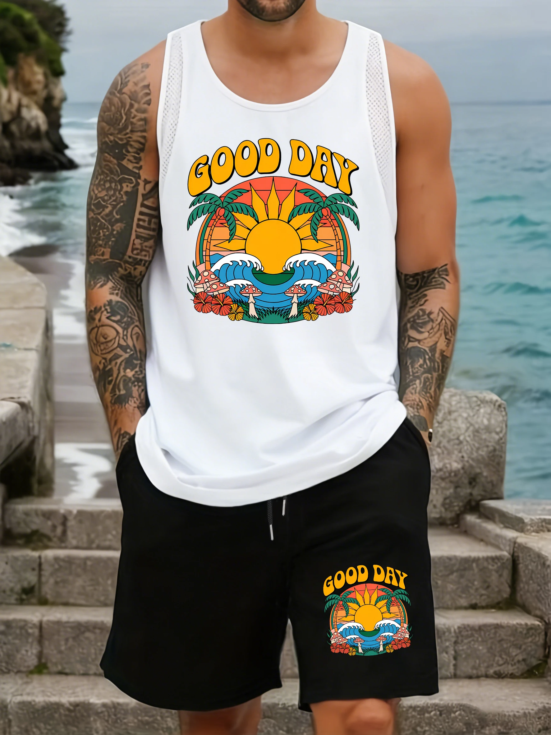 

Good Day Beach Coconut Tree Printed Vest Sets Men Summer Pocket Black Pant Wide-Leg Shorts Sleeveless Fitness Mesh Tank Tops