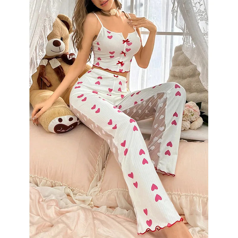 Kadınlar Seksi Patchwork Örgü Pijama Takımı Baskılı Tank Tops + Elastik Bel Pantolon Kadın Hollow Out Lingerie Renk Engelleme Pijama Takımı