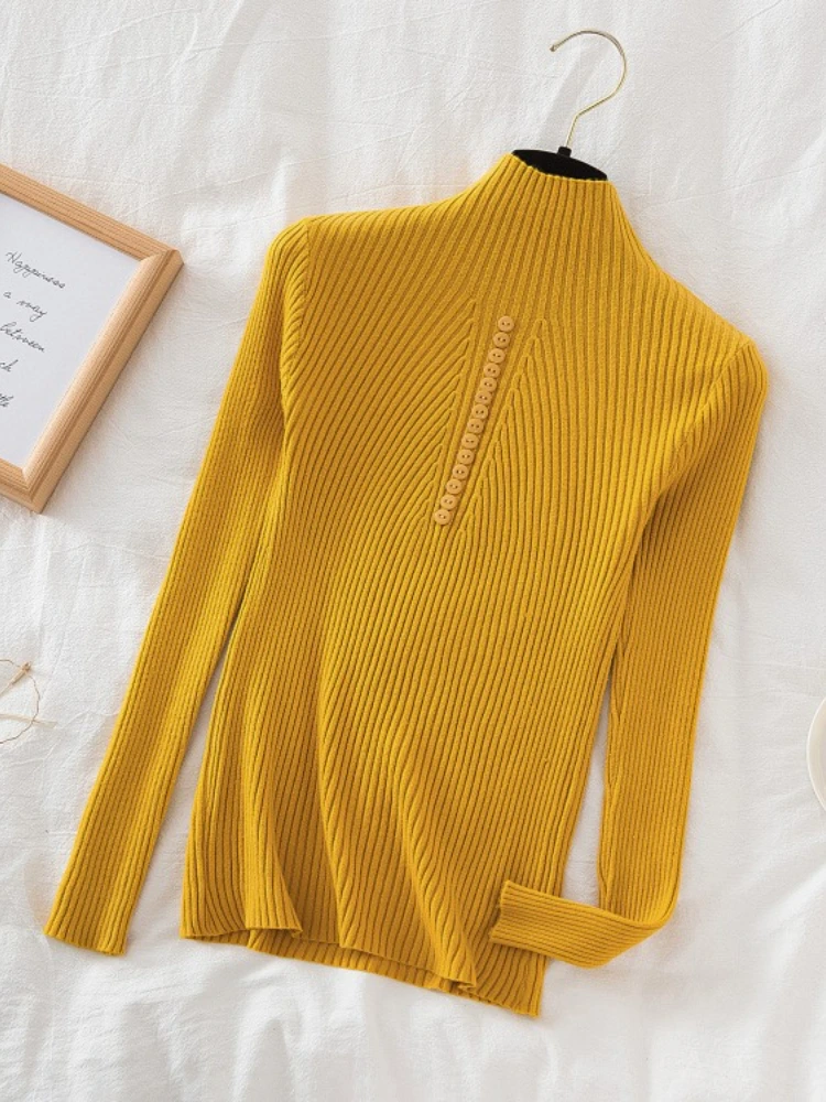Jerséis de cuello alto para mujer, jersey de otoño e invierno, Top básico de punto, moda de Color sólido con botón, suéter de manga larga para mujer