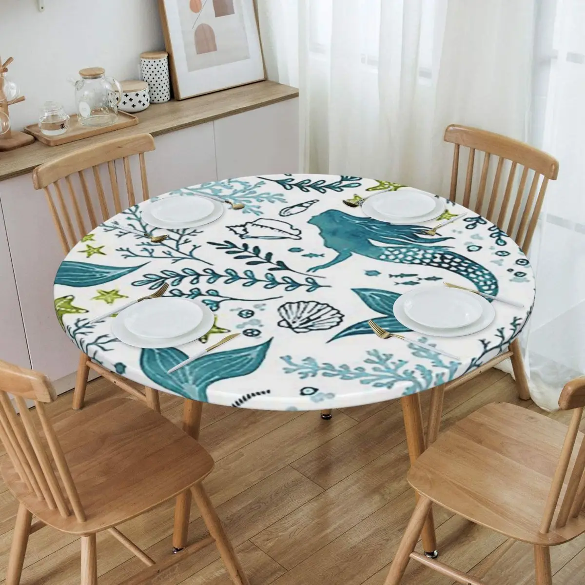 Mermaid Ocean Light Waterproof Round Tablecloth Oilproof Table Cloth for Kitchen Events Dining Table Cover