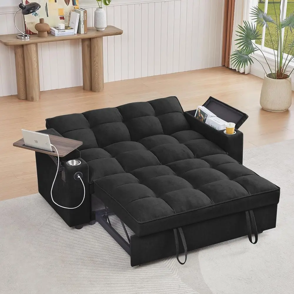 

65 3-Way Convertible Sofa Bed with Pullout, Chenille Fabric, 360° Swivel Side Table, Easy Assembly, Ideal for Living Room, Black