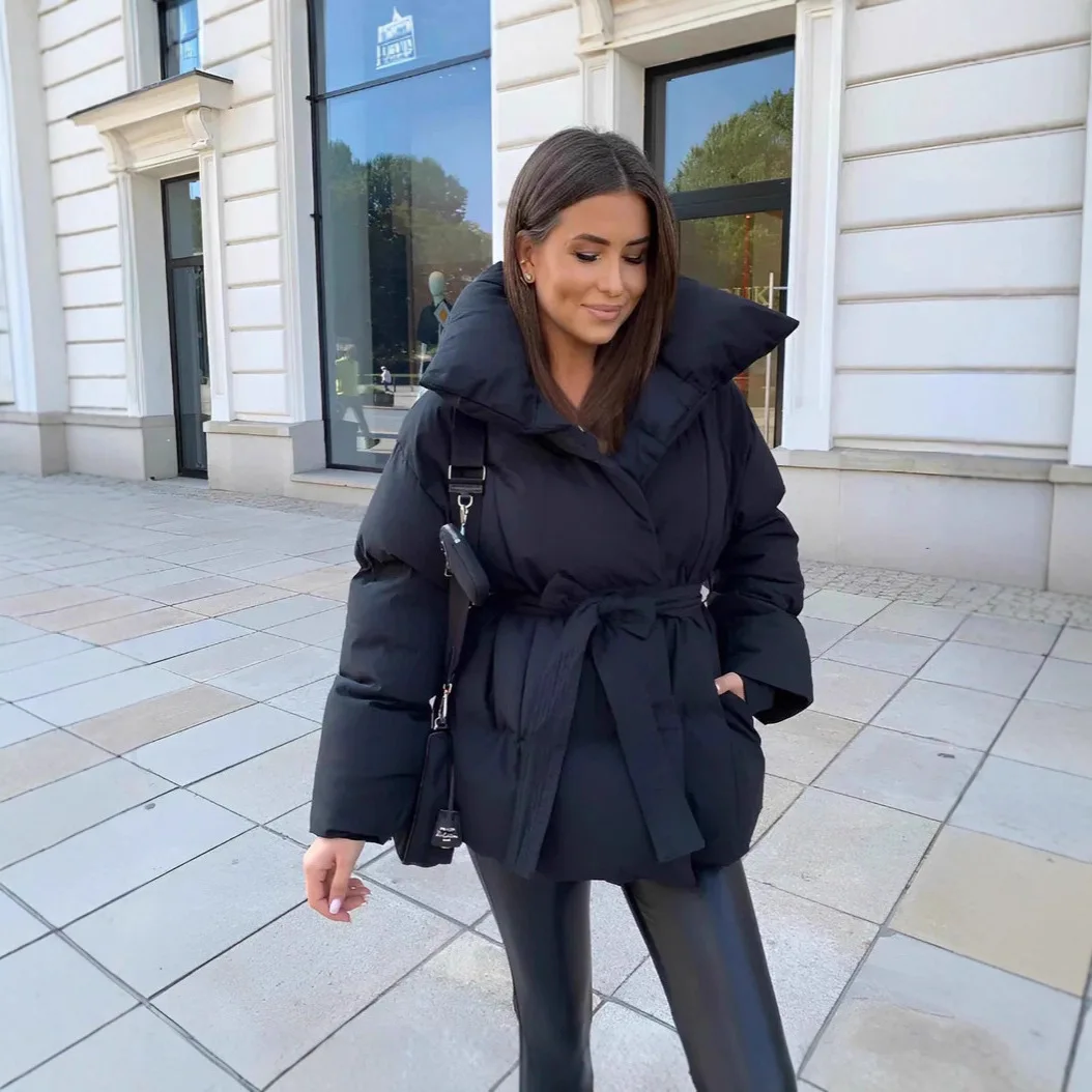 2025 Women's Clothing Parkas Warm-Weather Waist-Defining Long-Sleeve Tie-Waist Loose-Fit Solid-Color Fashionable Cotton Coat