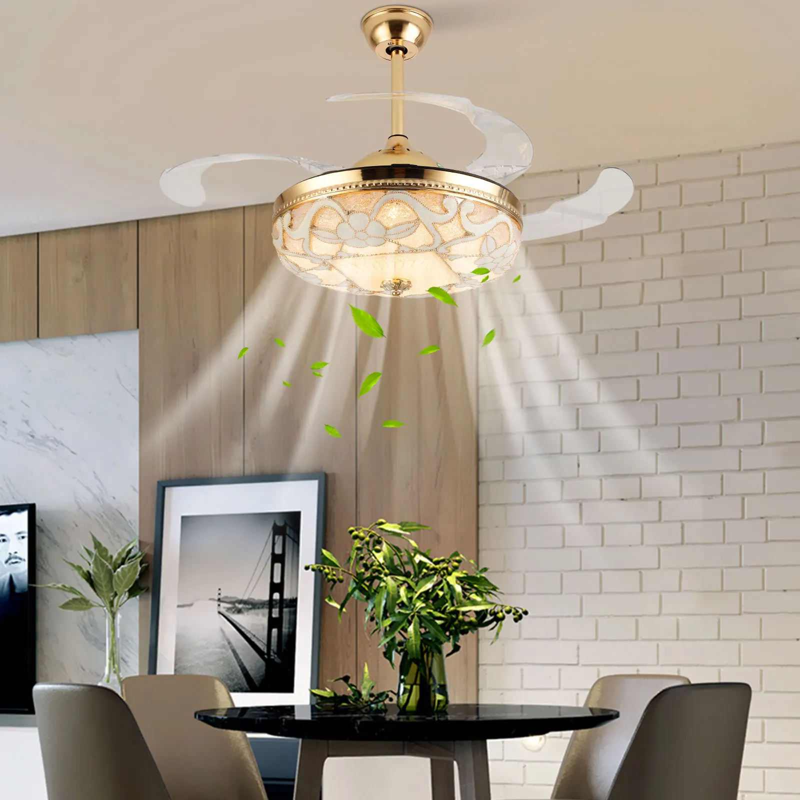 Flush Mount Ceiling Fans with Lights and Remote, 6-Speed, 3 Colors, Modern and Simple Home Intelligent Fan Light