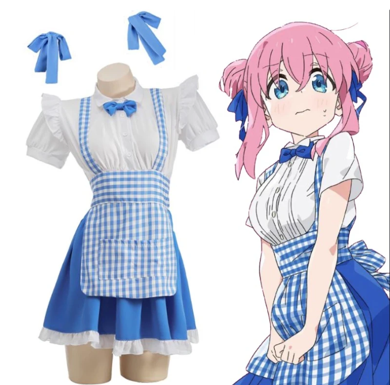 Vestido de sirvienta de Anime Bocchi The Rock Goto Hitori, disfraz de Lolita, delantal a cuadros Bule, mono con volantes, ropa de dormir