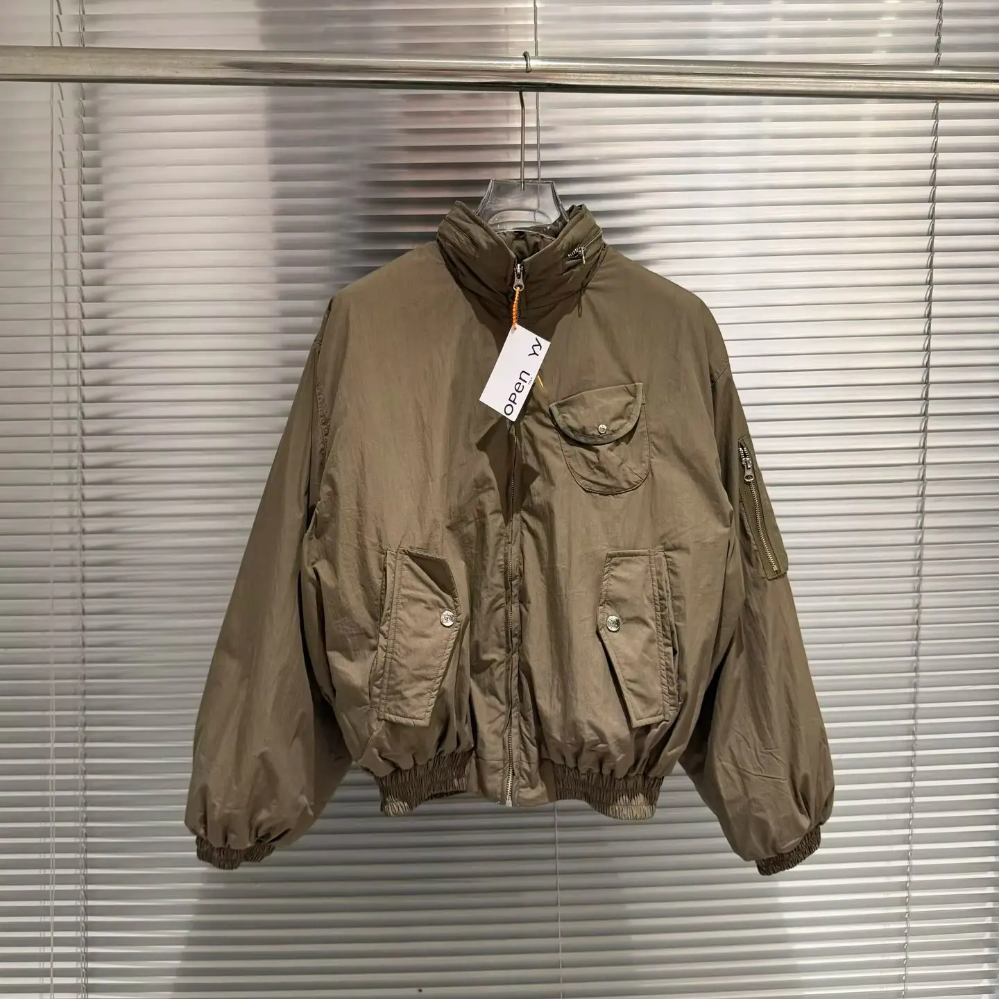 Draped Fabric Workwear Bomber Jacket Padded Stand Collar Multi Pocket Loose Fit Men Women Casual Winter Outer Coat