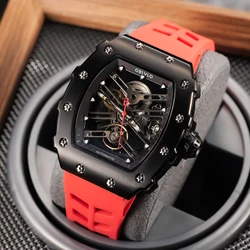 OBLVLO Top Brand Men Watches Tonneau Skeleton Black PVD Case Red Rubber Mechanical Movement Waterproof Automatic Wristwatch XM