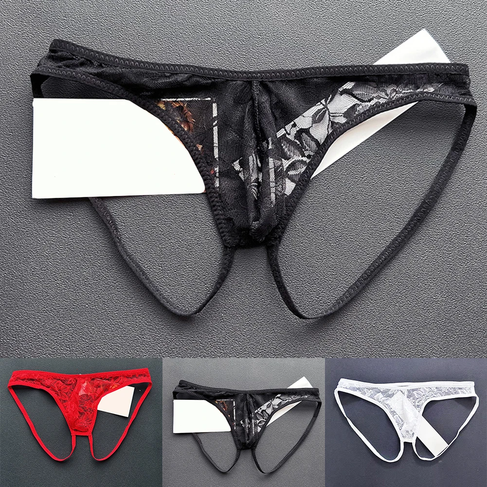 Hommes dentelle imprimé voir à travers U convexe Double anneau Lingerie Shorts taille basse culottes sous-vêtements caleçons solides hommes slips