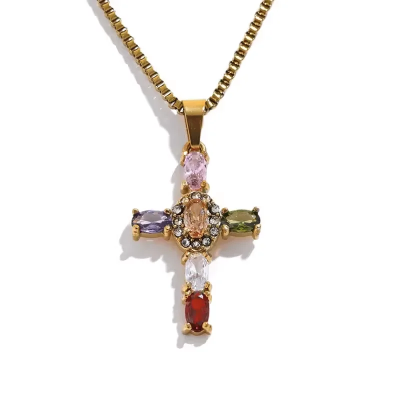 

TUES Delicate Colorful Bling Cubic Zirconia Cross Pendant Stainless Steel Luxury Necklace High-Grade Fashion Shiny Jewelry Gift