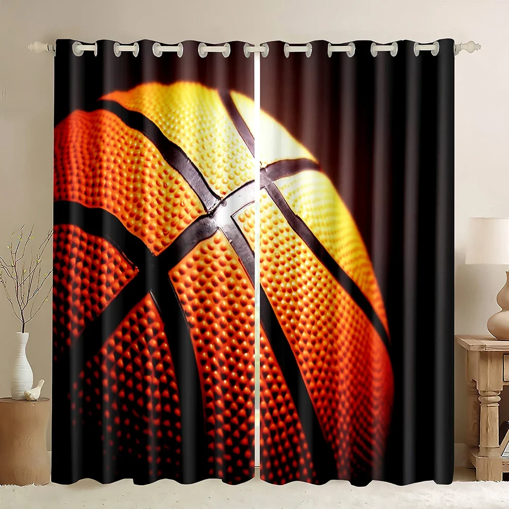 Boys Sports Window Curtains,Abstract Flame Basketball Theme Wall Decor 3D Ball Art,Basketball Court Print Blackout Curtains