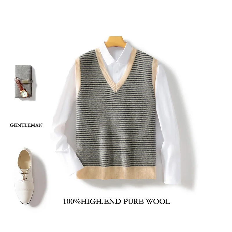 

100% Australian pure wool vest vest men's V-neck striped color-blocking casual sleeveless thickened sweater vest