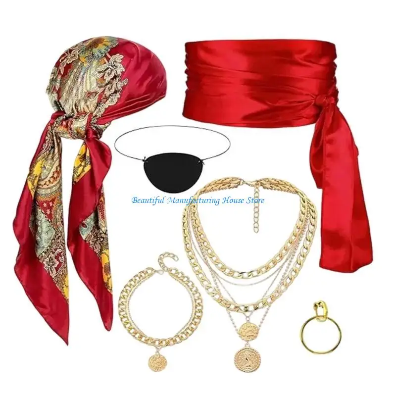 E56A Pirate Dress Up Costume avec foulard Collier ceinture coiffure Pirate Clip Clip sur des boucles d'oreilles pour Men