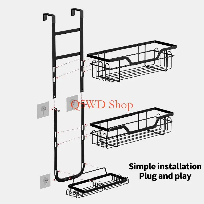 Q5WD Tall Capacity Door Mounted Shower Cart with Double Rank Storage and 3 Fasteners for Bathroom Organization Iron Substance