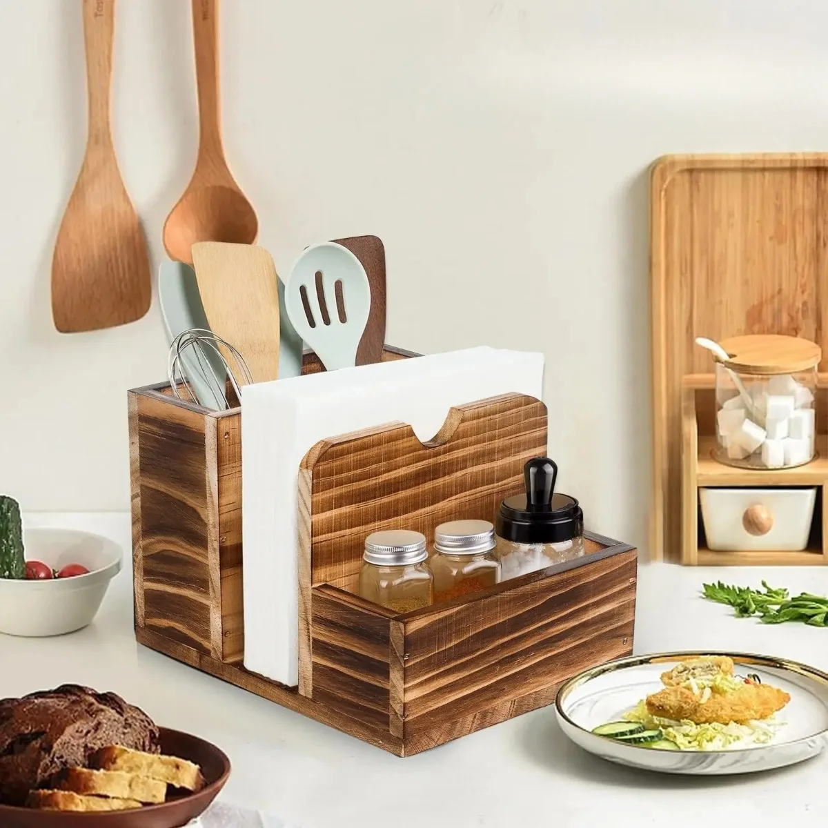 Holz-Besteckorganizer-Box Küchen-Gewürzaufbewahrungsregal Tisch-Gewürzhalter Mehrteiliger Utensilien-Organizer