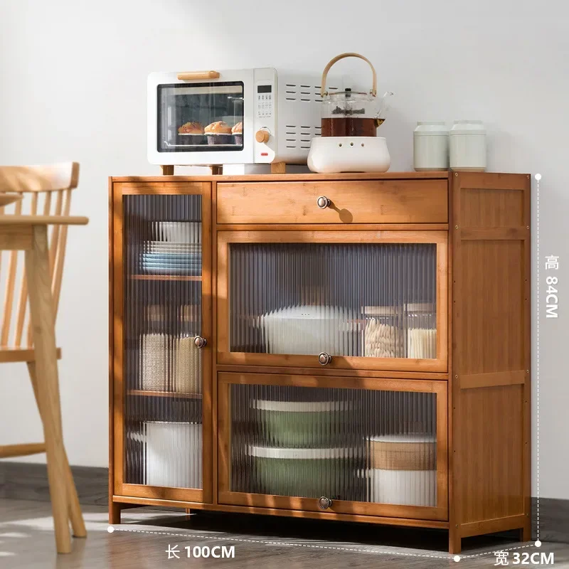 Kitchen shelves Floor-to-ceiling multi-layer storage cabinets with doors, cabinets, dishes, pots and pans, electrical appliances