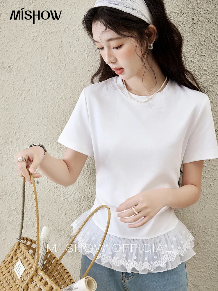 MISHOW تي شيرت بحاشية من الدانتيل للنساء لربيع وصيف 2025 رقبة مستديرة متعددة الاستخدامات ملابس الشارع الشهير تي شيرت غير رسمي متين MXE31T0528 #4