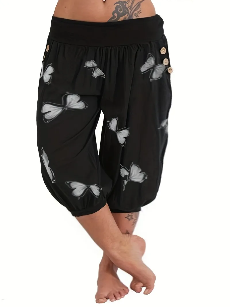 Plus Size 1XL-8XL Butterfly Capri Pants – wygodny, rozciągliwy pas, oddychający, letni styl, łatwa w pielęgnacji mieszanka poliestru