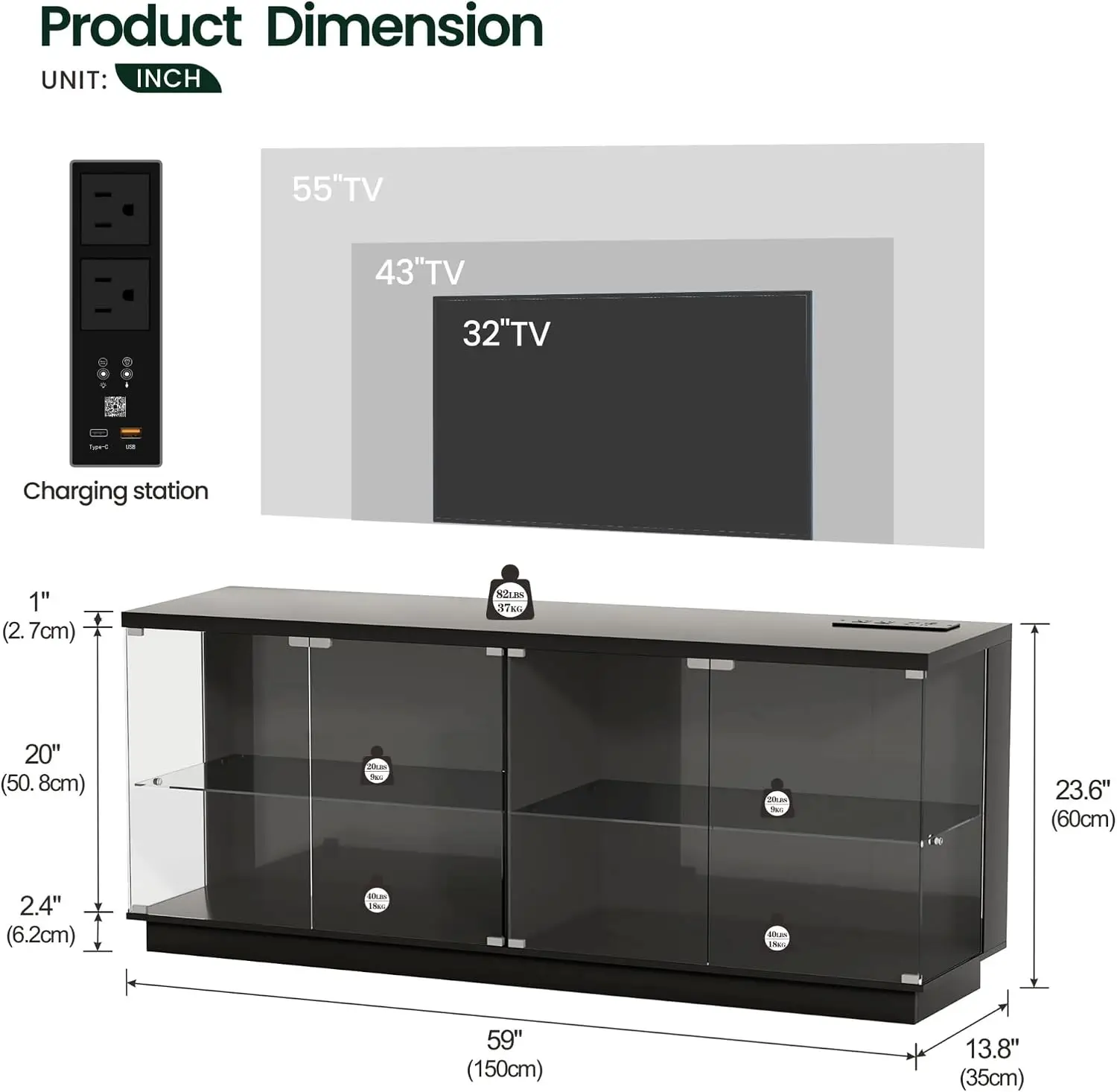 59 Inch Wide Large Display Cabinet Glass Doors Sensor RGB Lights Black Lighted Curio Cabinet Charging Station 4 Tier Shelves Col