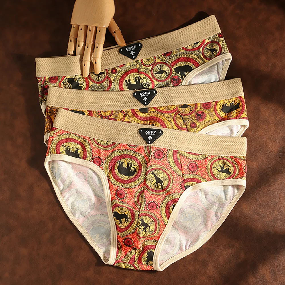 

3PCS/Pack 100% Cotton Vintage Print Men's Briefs Super Soft Breathable Underwear for man Autumn and Winter Sexy Lingerie Panties