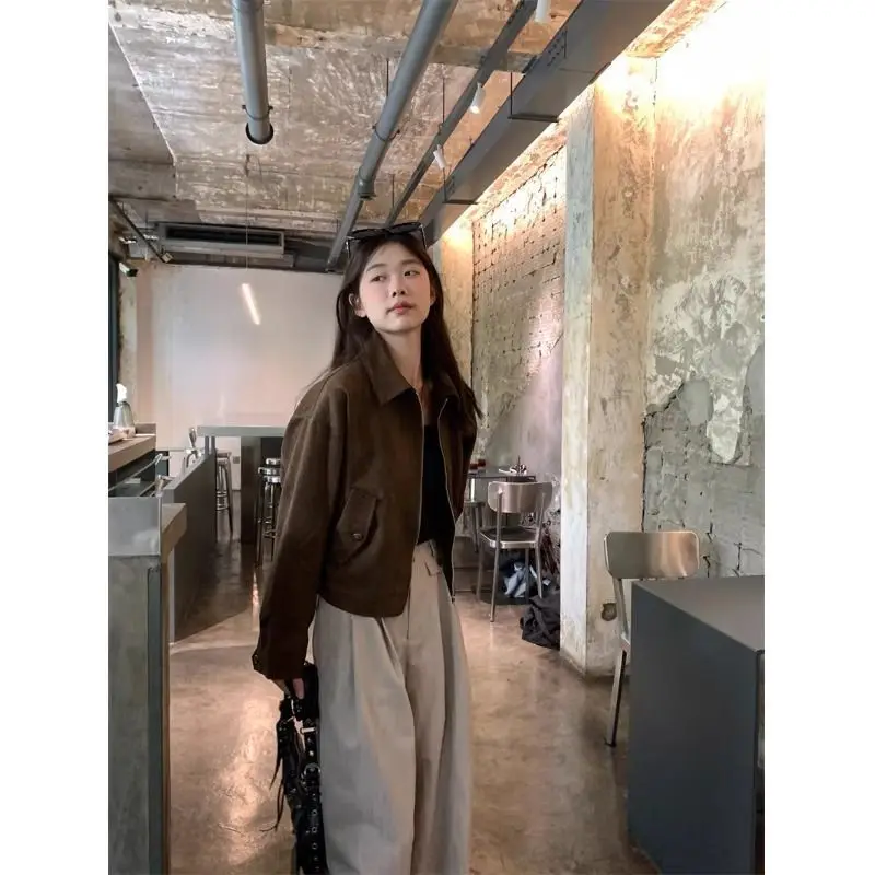 American Style Short Suede Jacket Women Spring Autumn Lazy Chic Cool Leather Jacket Biker Coat  Collar Long Sleeve