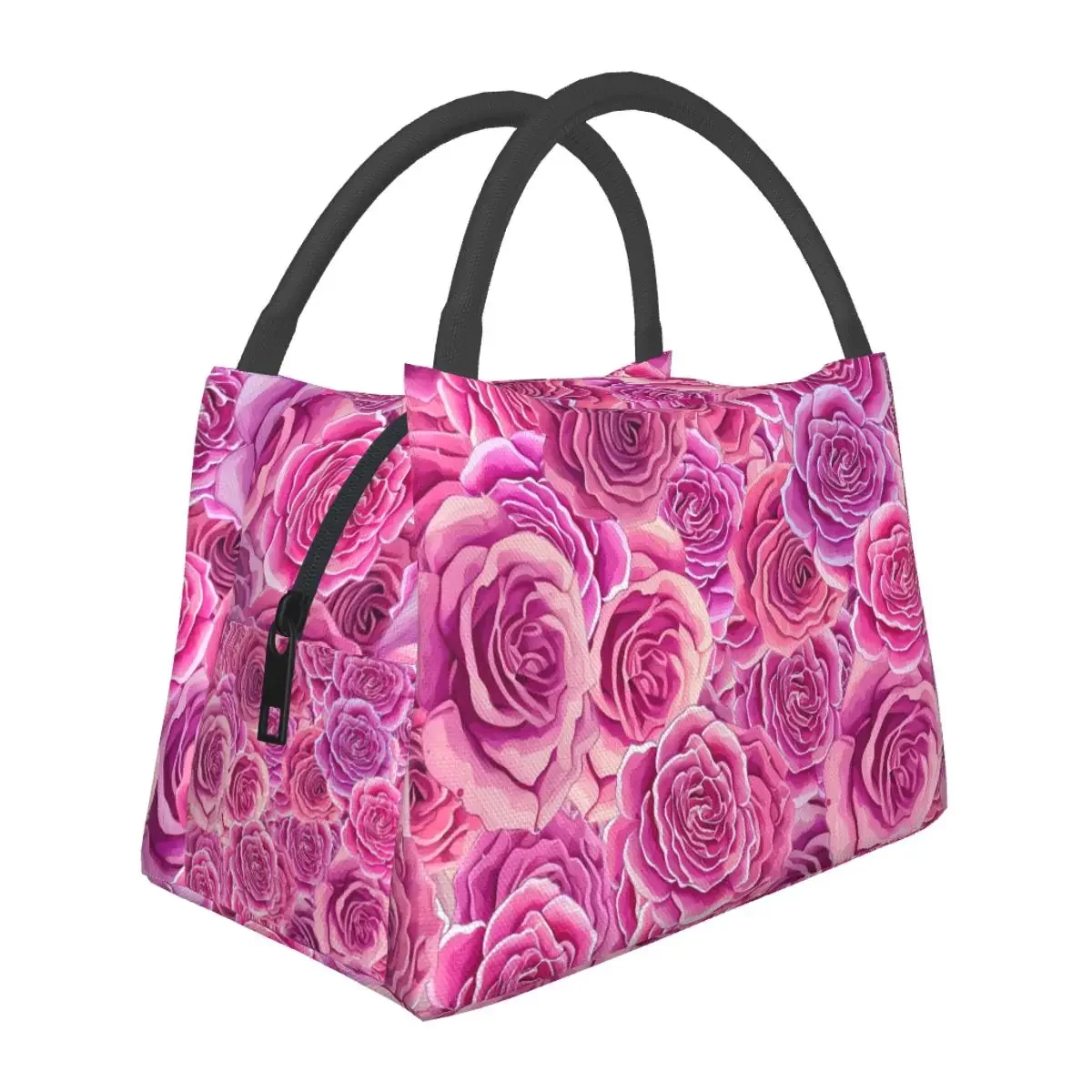 Roses Floral Lunch Bag For Men Pink Flowers Print Lunch Box Kawaii Picnic Cooler Bag Convenient Oxford Thermal Tote Handbags