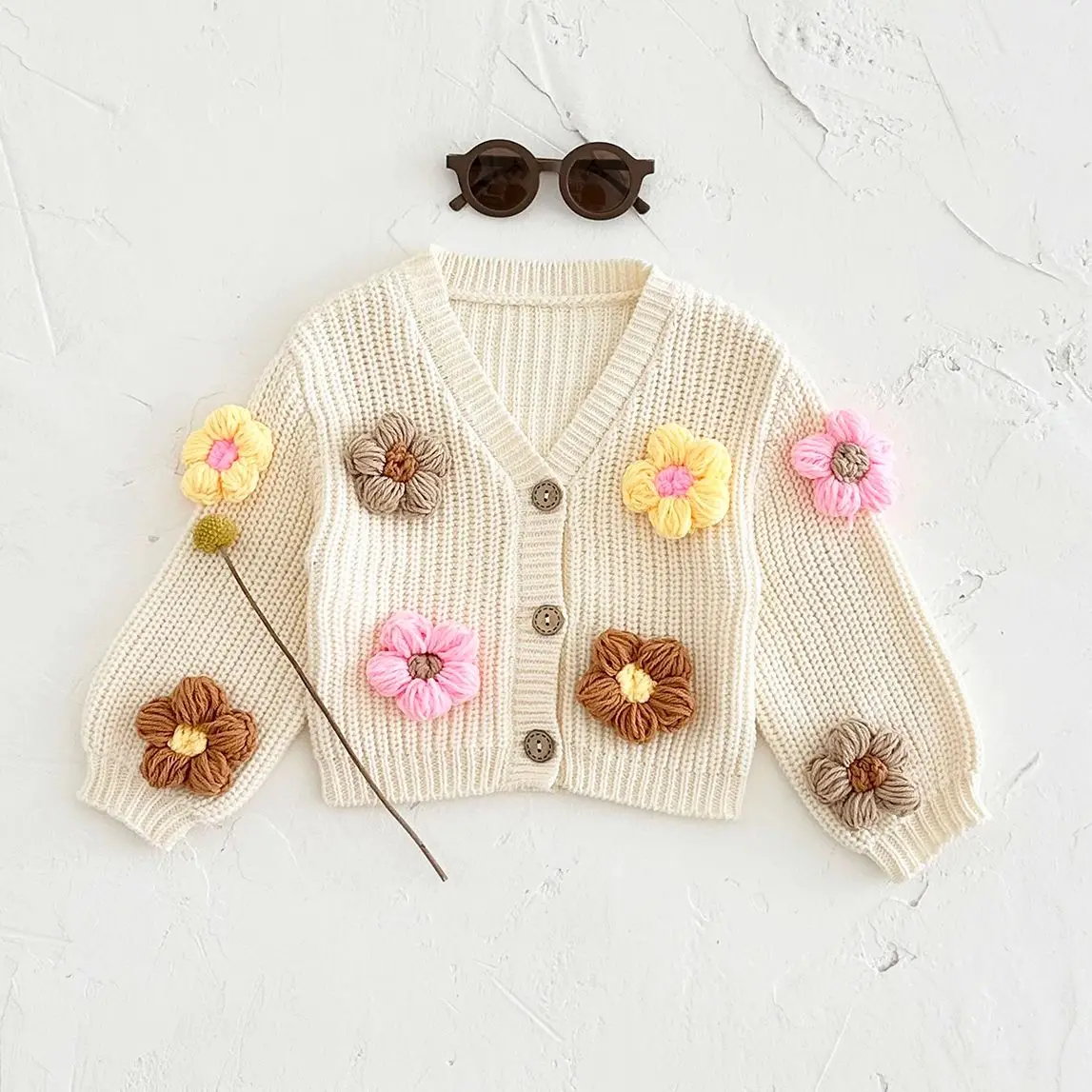 Autumn Winter Baby Top Girls Baby Sweaters Loose Cardigan Coat 3D Flower Handmade Korean Newborn Baby Clothes 0-3Y