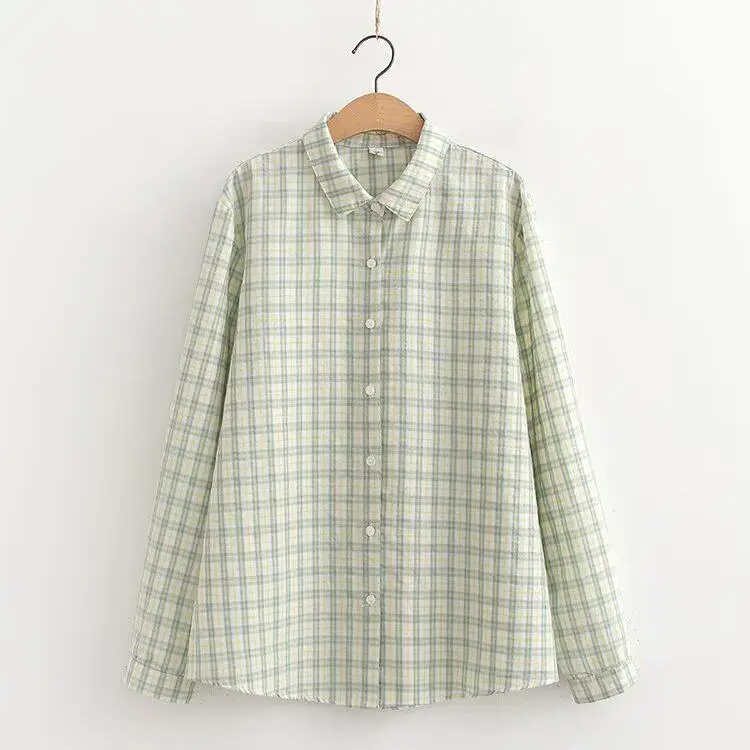 

Simple Basic Plaid Shirt For Women Spring Autumn Lapel Long Sleeve Loose Blouse Casual Versatile Daily Wear Tops