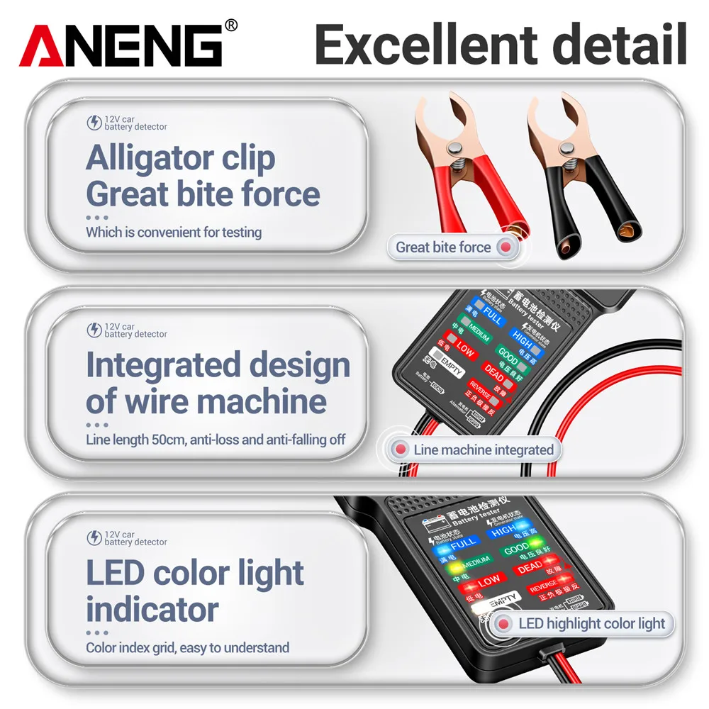 ANENG BT-171 12V Car Battery Alternator Tester Lightweight Test Clips Multi-Color LED Indicator Vehicle Repair Diagnostic Tool