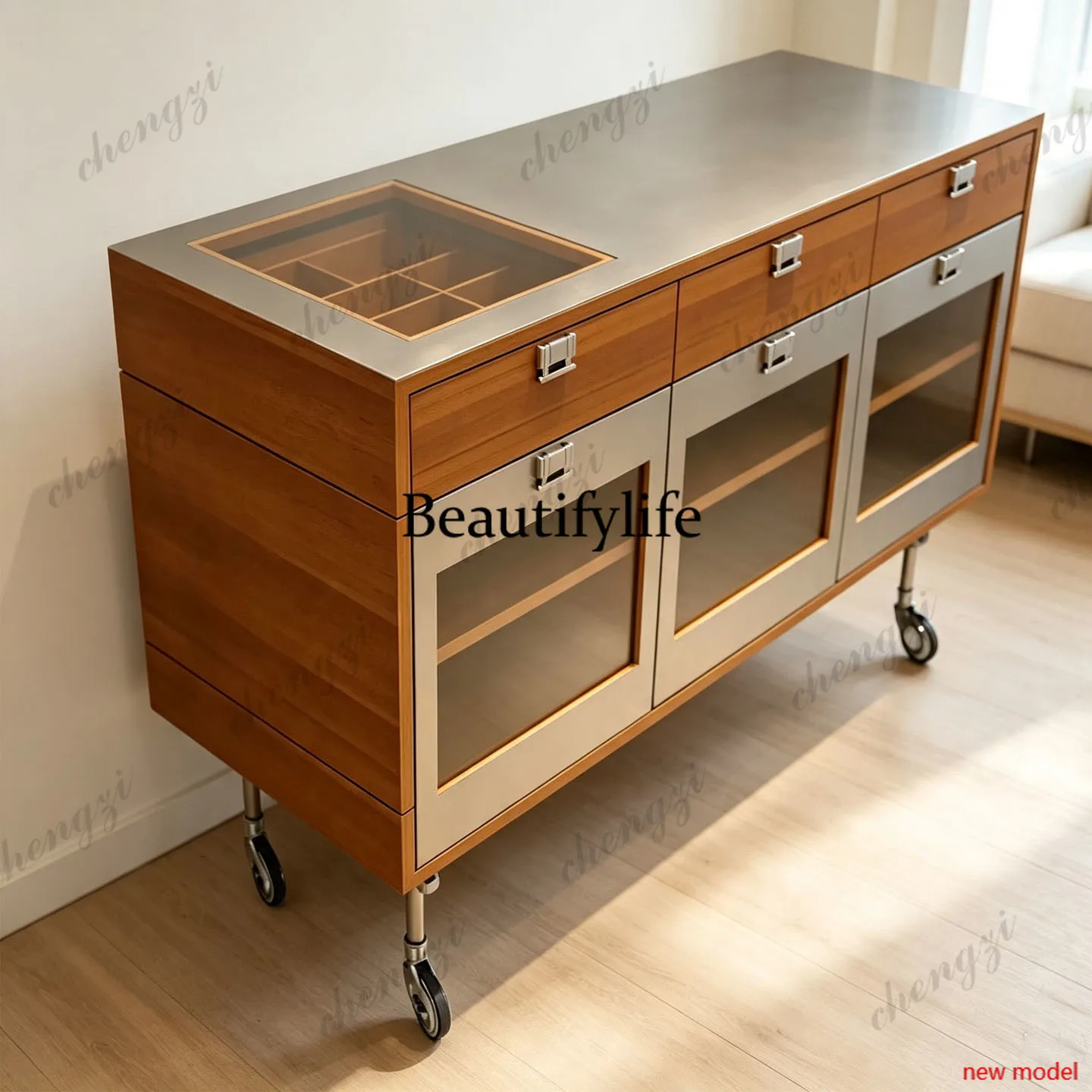 h178Medieval stainless steel glass dining side cabinet, household Zhongdao cabinet open, movable water bar in the living room