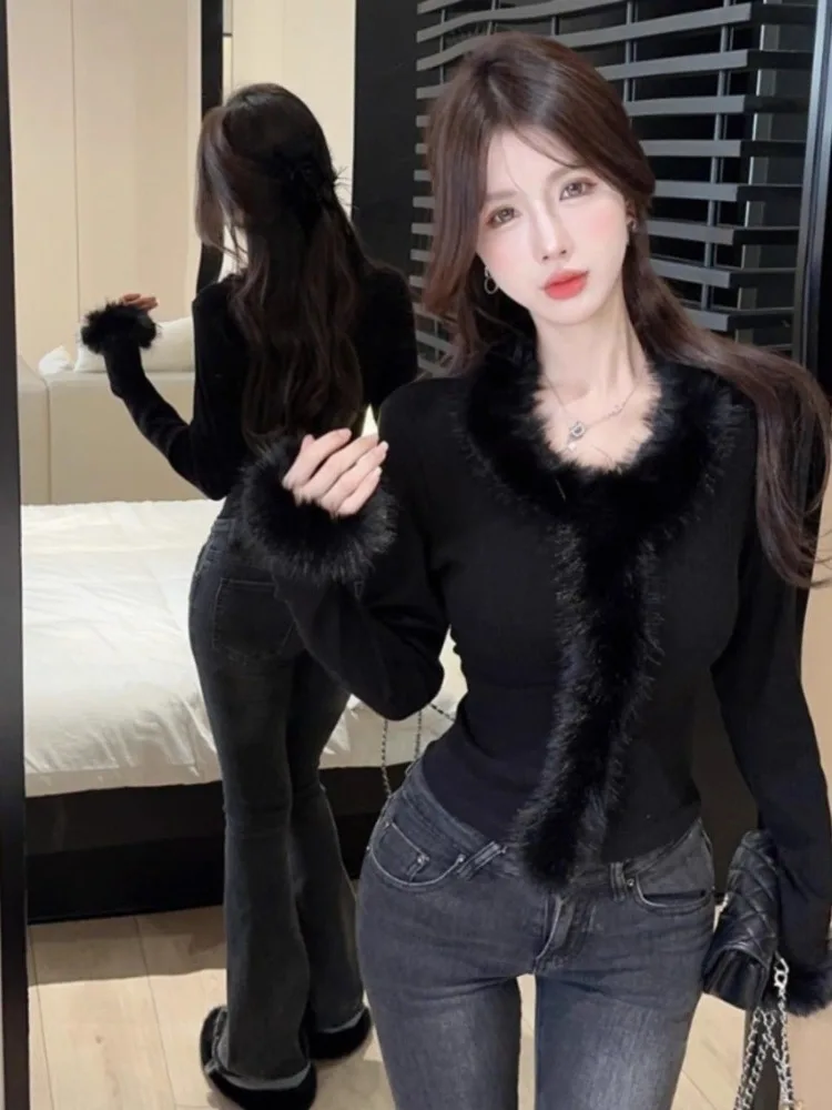 

Korean Y2k V-neck Fur Patchwork T-shirts 2025 New Long Sleeve Top for Women Spring Autumn Slim Fit Bottoming Tee Shirt