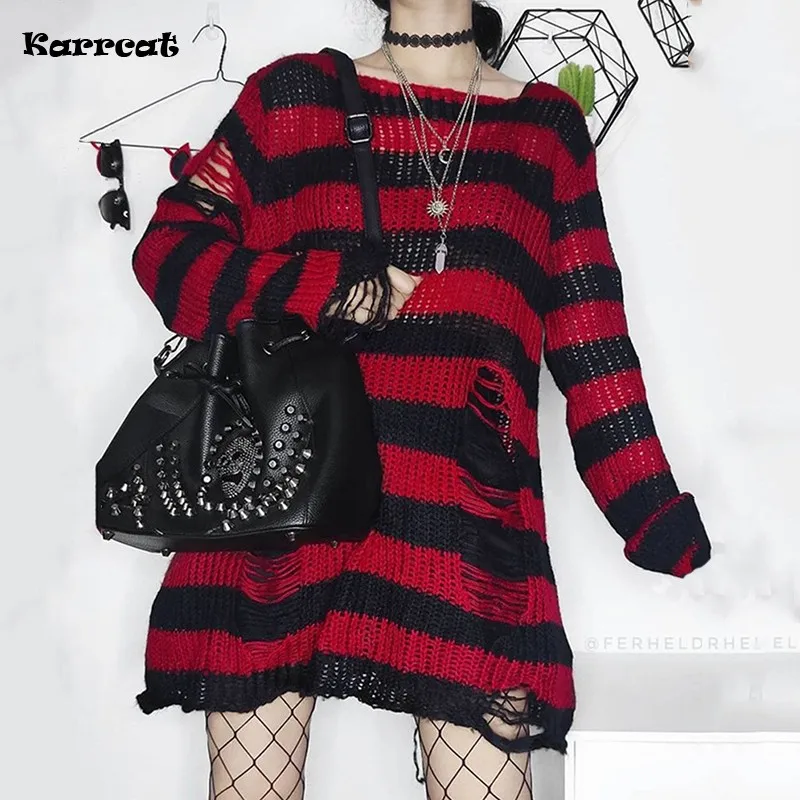 Karrcat Grunge Harajuku Striped Knit Sweater Women Y2K Streetwear Hole Broken Jumper Loose Purple Sweaters Punk Gothic Clothes