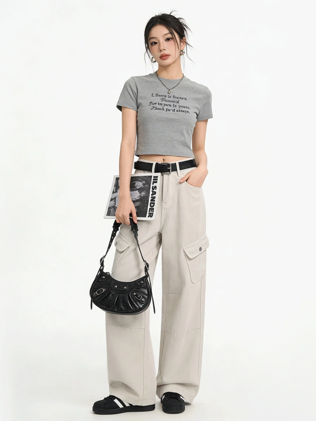 

Корейские джинсы с высокой талией и широкими штанинами, женские, свободного кроя, с девятью карманами, в рабочем стиле, весенние, повседневные