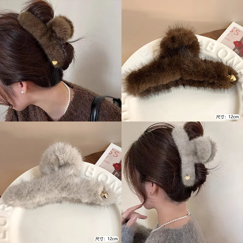 Winter Large Plush Hair Claw Clip For Women Fluffy Hairclip Leopard Furry Crab Hair Clip Girls Faux Fur Barrettes Accessories