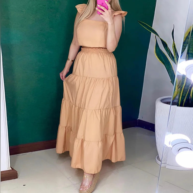 Women's Dress 2023 Summer New Product Fresh Sweet Short Vest Top High Waist Pile Skirt Skirt Half Length Skirt Two-piece Set