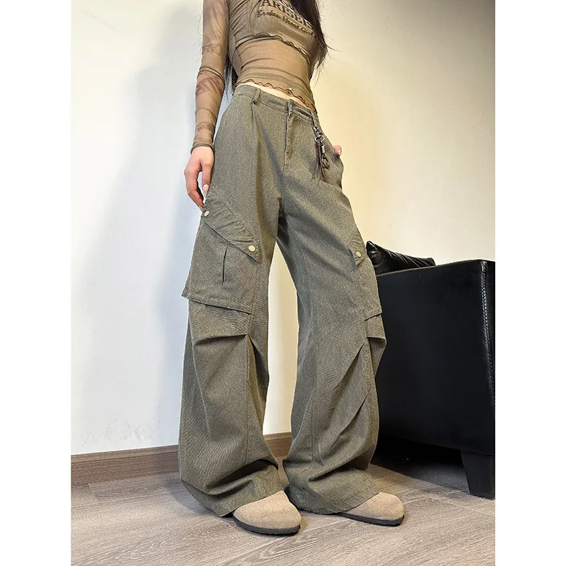 

American Retro Workwear Jeans Men's Trendy High Street Pleated Design Loose Wide Leg Floor-Length Pants