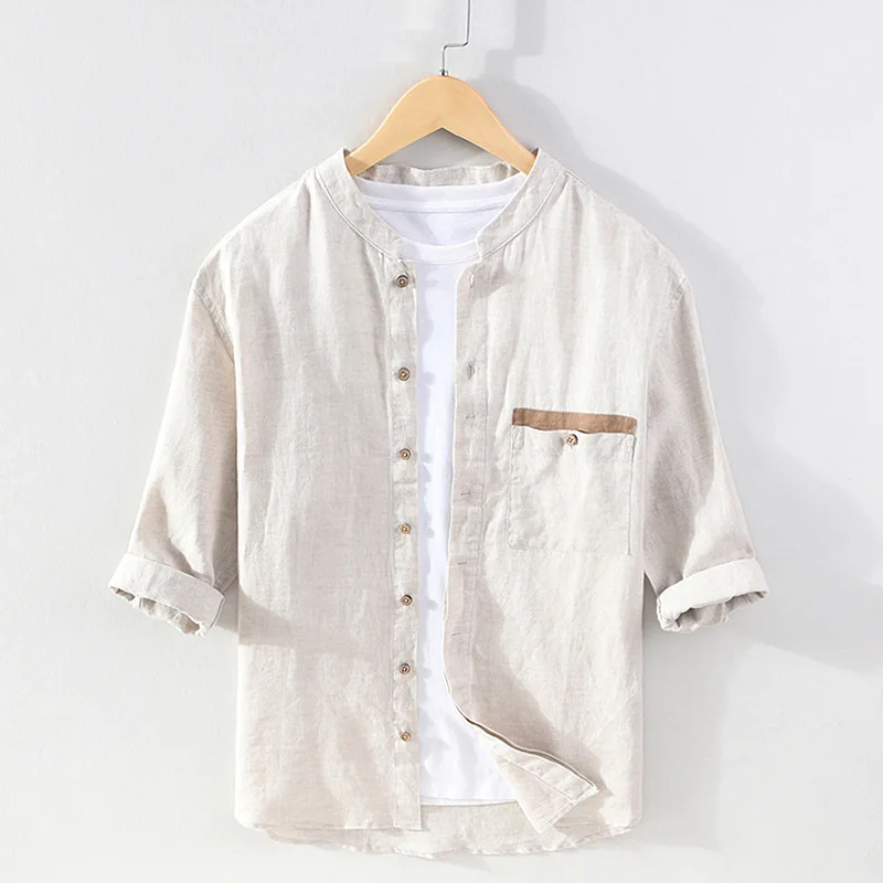 

2025 Мужская льняная рубашка с короткими рукавами, рукава семь четвертей в китайском стиле в стиле ретро, свободный повседневный воротник-стойка, рубашка