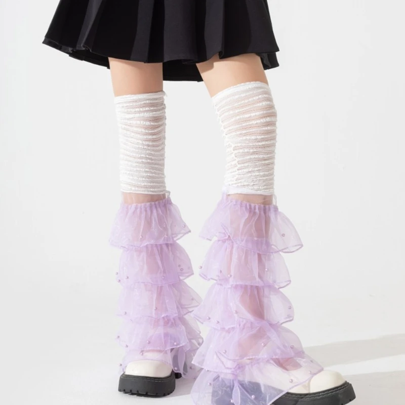 Women Girls Lace Thigh High Leg Warmers Japanese Loose Sheer Mesh Leg Cover Princesses Frilly Boot Socks image 6